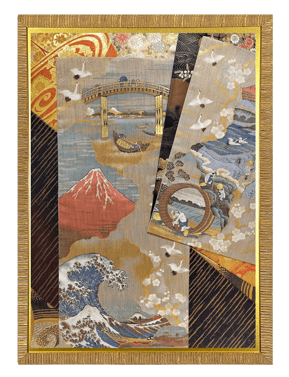 Hokusai collection gold-thread obi artwork No.02, framed (Large)